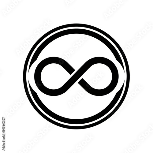 A simple black and white infinity symbol inside a double-lined circle, representing endlessness and eternity.