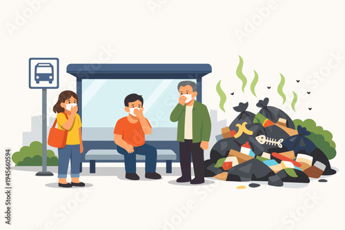 People Wearing Face Masks to Protect Themselves from Foul Odors and Pollution from a Large Pile of Garbage and Trash at an Urban Bus Stop, Flat Vector Illustration of Waste Management Issues.