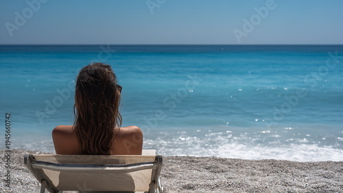 Young woman lying on a sun lounger on the beach in front of the sea in hot summer