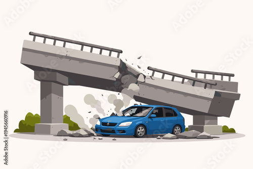 Dramatic vector illustration of a collapsed elevated concrete bridge falling onto a blue car, depicting a major infrastructure failure, traffic accident, and disaster scene with rubble and debris