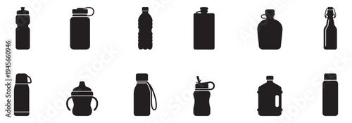 Water bottles icon. Water Bottle Silhouette Icon. Plastic bottle icons set in black and white flat style. Various drink containers collection.