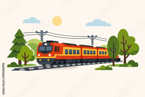 Flat vector illustration of a red and yellow passenger train traveling on tracks through a scenic rural landscape with green trees, rolling hills, power lines, and a bright sun in a clear sky.
