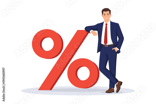 Successful professional businessman in a blue suit leaning on a large red percentage symbol, representing financial growth, interest rates, investment, discounts, and promotional sales offers.