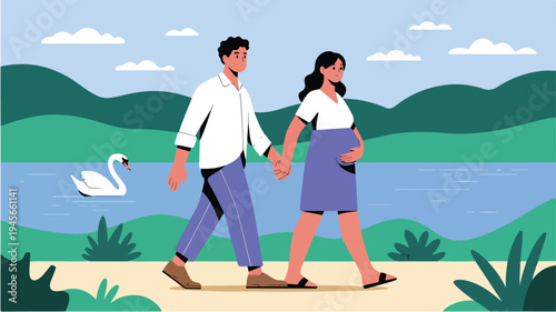 Romantic couple walking beside peaceful lake with swan and hills in flat minimalist nature illustration style