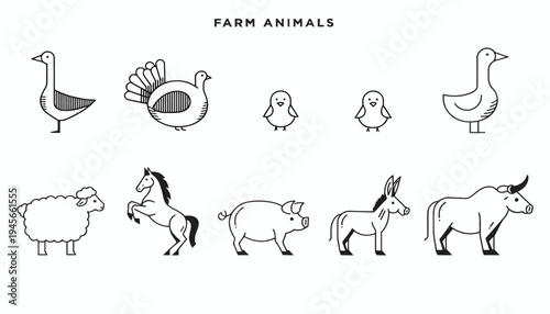 Farm Animals Line Icon Set, Thin Linear Vector Pictograms of Goose Turkey Chick Duck Sheep Horse Pig Donkey Ox Domestic Livestock Icons Isolated on White Background 