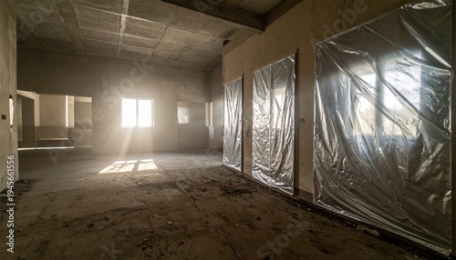 Bare concrete room showing sheet metal sealing on newly installed window and door openings, creating a hermetic barrier during building renovation.