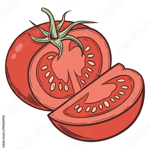Two tomatoes one sliced and one halved on white background fruit