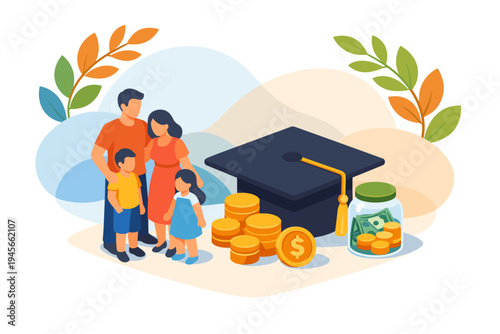 Family saving money for college education with graduation cap and coins.