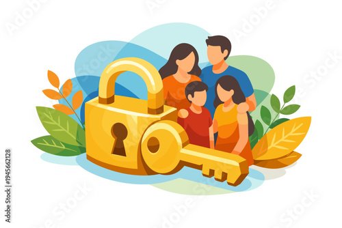 Family Security Protection Lock and Key Illustration.