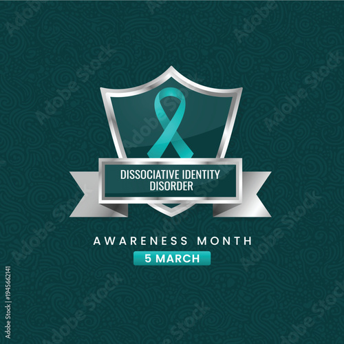 Dissociative Identity Disorder Awareness Day Poster with Teal Ribbon and Floral Elements on Teal Background