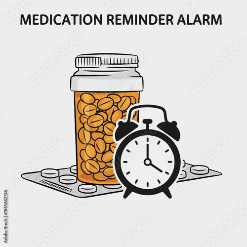 Illustration of a medication bottle and pills next to an alarm clock on a blister pack against a plain background.