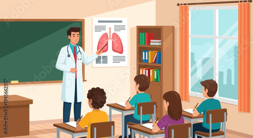 Doctor teaching children in classroom.