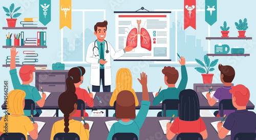 Doctor teaching students about human lungs.