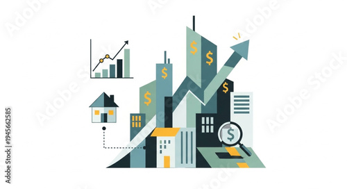 Real Estate Market Growth Illustration with Rising Arrow and Cityscape.