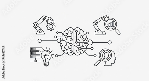 Artificial Intelligence and Machine Learning Concept with Brain and Robotic Arms.