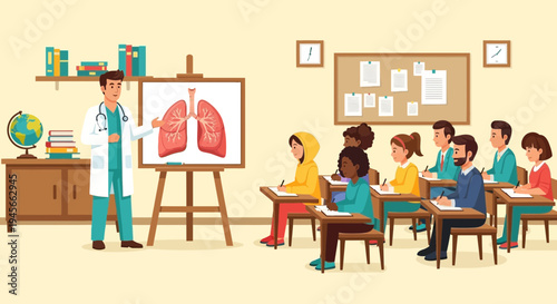 A diverse group of students in a classroom learning about human lungs.