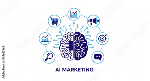 AI Marketing Concept with Brain and Marketing Icons.