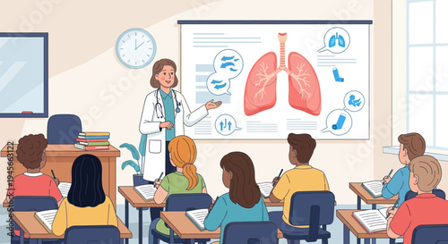 Doctor teaching students about human lungs.