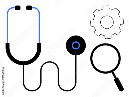 Medical diagnostics. Stethoscope, magnifying glass, and gear medical diagnostics and healthcare systems. Medical diagnostics improving analysis and healthcare solutions. For hospitals, clinics