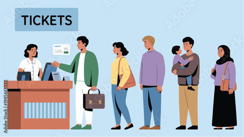 Ticket counter queue illustration with diverse people waiting in line to buy tickets at service desk in flat style