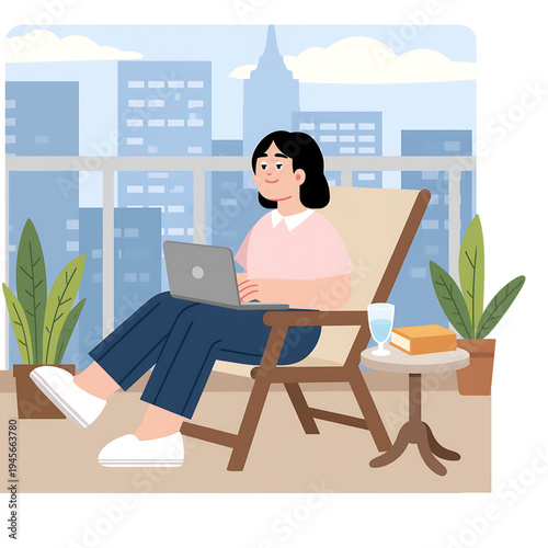 Woman Working Remotely on Laptop at Balcony with City View Background