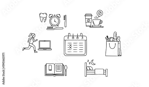 A minimalist vector graphic illustrating daily routine and productivity icons