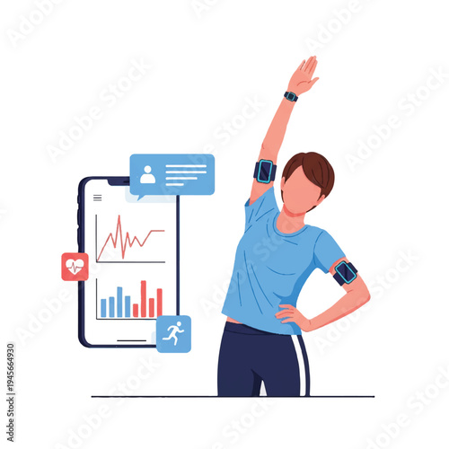 Illustration of a smiling man stretching with fitness trackers on both arms and a smartphone displaying health metrics to the left against a clean white background.