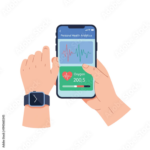 Illustration of a hand holding a smartphone with a health analytics app and a smartwatch on the other wrist on a white background.