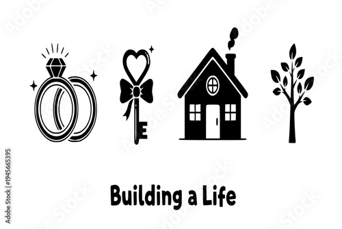 Marriage Icons Set Linked Rings Home Key Heart Sapling Building a Life Concept Black Vector Silhouette