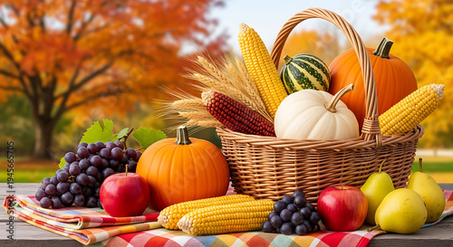 Beautiful wicker basket overflowing with fresh harvest produce against a bright autumn background