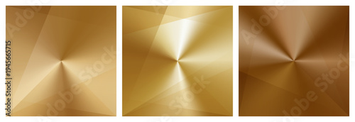 Set of 3 gold gradient square backgrounds, subtle transparent triangle shapes. Soft champagne, metallic gold color. Glossy foil shine. Elegant luxury backdrops for certificates, awards, premium design