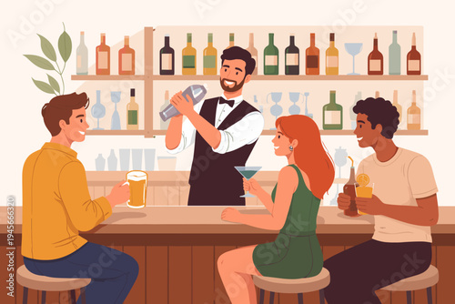 Professional Bartender Mixing Cocktails with a Shaker for a Diverse Group of Friends Sitting at a Bar Counter in a Modern Pub or Nightclub, Flat Vector Illustration of Social Nightlife Scene