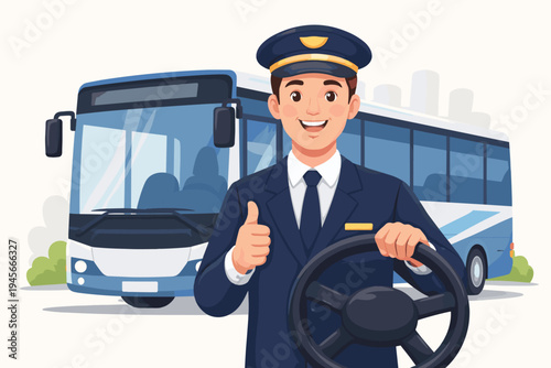 Friendly Professional Bus Driver in Uniform Giving a Thumbs Up and Holding a Steering Wheel with a Modern Public Transit Bus in the Background, Flat Vector Illustration for Travel Concepts