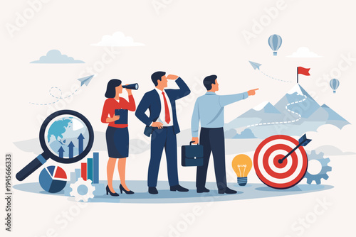 Business Analysis and Strategy Concept with Professional Team Looking for New Market Opportunities, Visionary Leadership, Goal Achievement, Success, Growth, and Corporate Planning Illustration