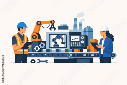 Professional male and female engineers monitoring automated production line with robotic arms and conveyor belt in a modern factory. Industrial automation, smart manufacturing, and technology concept.