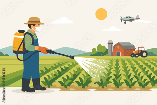 Farmer wearing protective mask and gloves spraying pesticides on green crops in a rural field with a backpack sprayer, featuring a barn, tractor, and crop duster plane in flat vector style.
