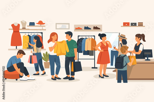 Flat vector illustration of people shopping in a modern fashion boutique with customers browsing apparel racks, trying on shoes, looking in a mirror, and paying at the checkout service counter.