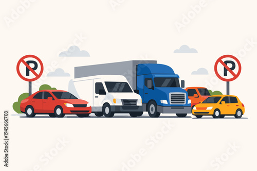 Vector illustration of a blue semi truck, white delivery van, and passenger cars parked in a prohibited area with no parking signs, depicting traffic violations and urban parking problems.