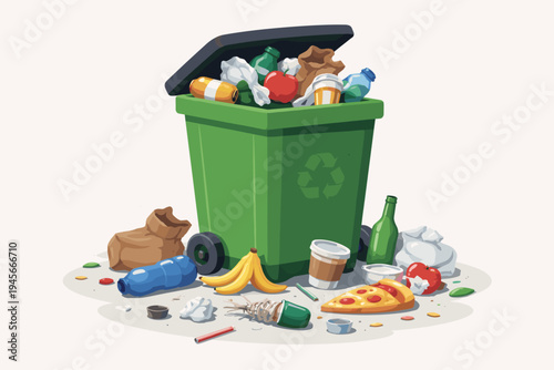 Flat Vector Illustration of an Overflowing Green Recycling Bin with Trash and Litter Scattered Around, Including Plastic Bottles, Food Waste, Glass, and Paper Bags for Environmental Awareness.