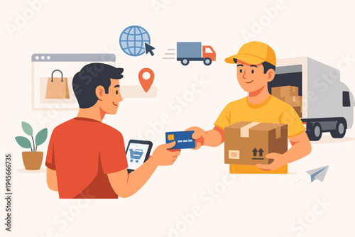 Flat vector illustration of a customer paying with a credit card for an online shopping order delivered by a courier holding a cardboard box next to a delivery truck and global shipping icons.