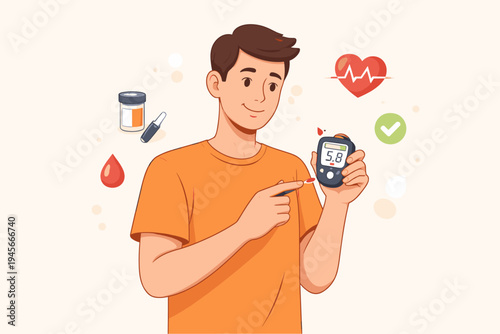 Simple flat vector illustration of a man checking his blood glucose level using a digital glucometer. Diabetes monitoring and healthcare concept with medical icons on a light background.