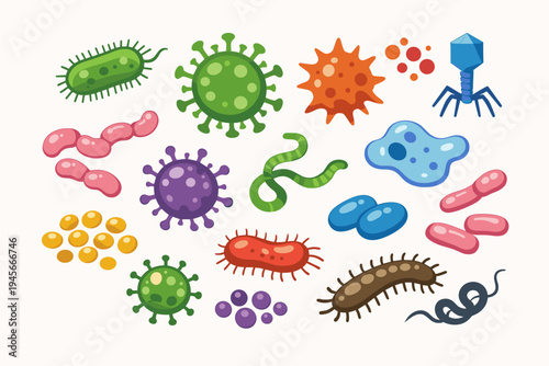 Collection of Colorful Virus and Bacteria Icons in Flat Vector Style. Microorganisms, Pathogens, Germs, and Microbes Including Bacteriophage, Bacilli, and Cocci for Science and Medical Education