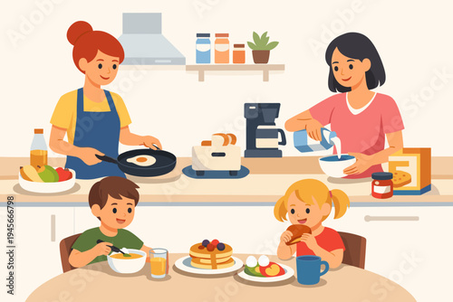 Two mothers preparing a nutritious breakfast for their children in a cozy kitchen, flat vector illustration of a family morning scene with pancakes, eggs, fruit, and milk on the table.