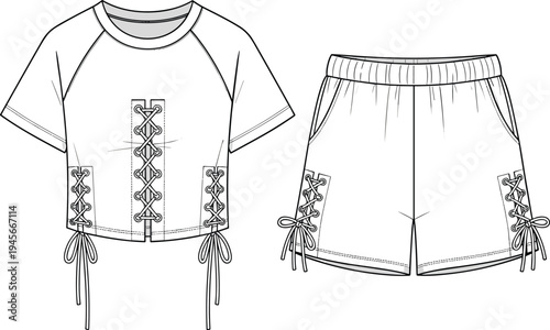 Technical fashion illustration of women’s two-piece crop top and shorts with lace-up details, raglan sleeves, and elastic waistband