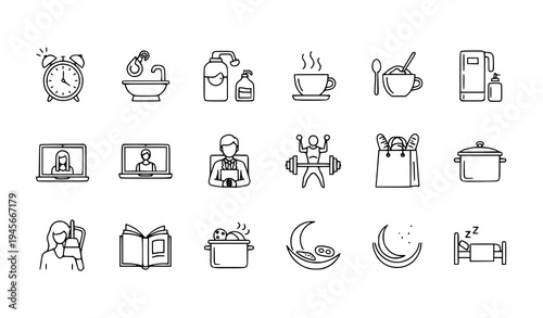 A set of minimalist line art icons representing daily life activities and routines
