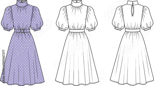 Women vintage midi dress mockup with puff sleeves, high neck and belt, front and back fashion technical illustration