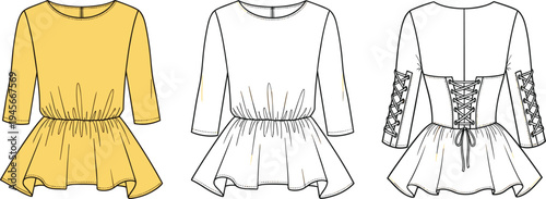 Fashion flat sketch of women’s peplum top front and back view with round neckline corset lace up waist three quarter sleeves design