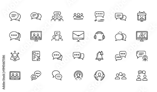 A set of minimalist line art icons depicting various communication and social interaction symbols