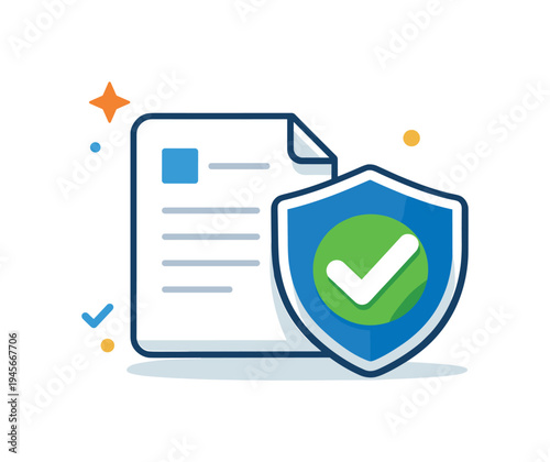 Document security and protection with shield and checkmark icon. A stylized illustration of a document protected by a shield, symbolizing security and verification