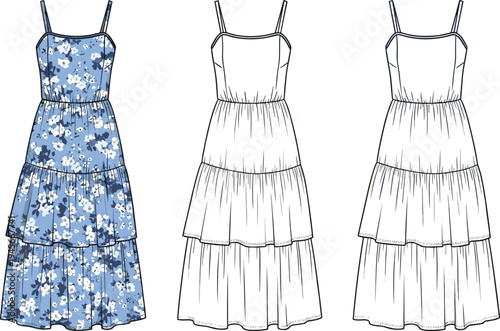 Fashion flat sketch of women’s tiered sundress with shoulder straps fitted bodice and three layer skirt garment design illustration template